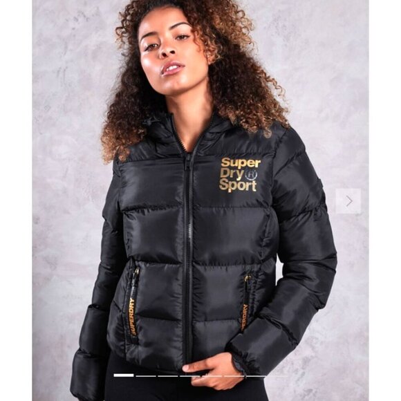 Superdry Unisex Gym Tech Gold Puffa Black Jacket Small Full Zip Pockets Winter - Picture 10 of 10